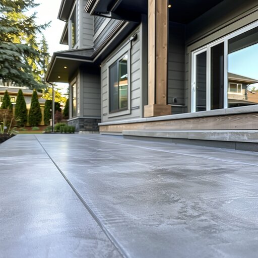 Smooth grey concrete patio along the back of a modern home