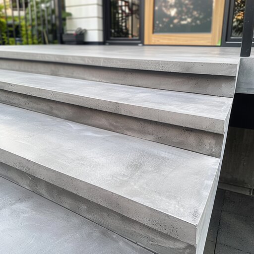 Close view of wide poured concrete steps with crisp square edges