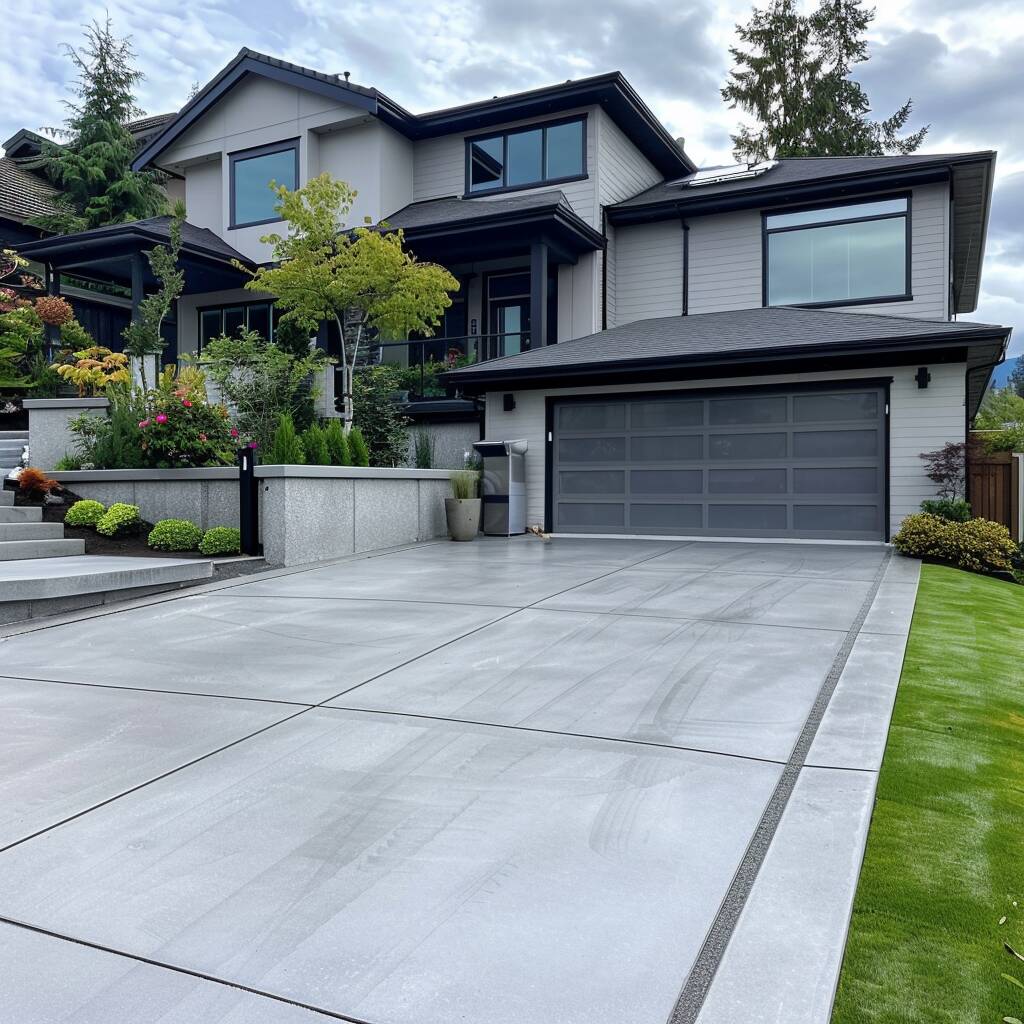 Modern two-storey home with a wide light-grey concrete driveway leading to a dark double garage door